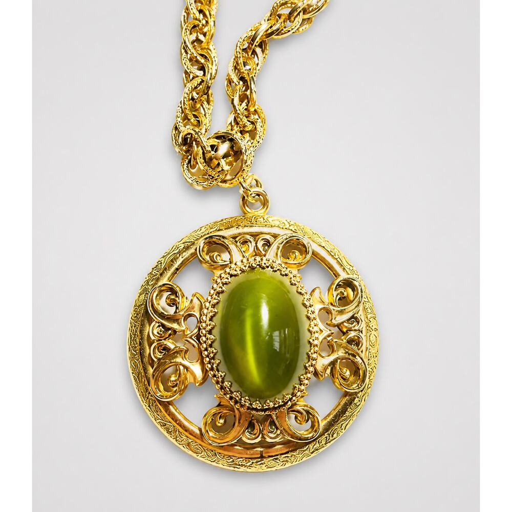 Whiting & Davis Green Art Glass Pendant Necklace Vintage Statement 24" blu02-16